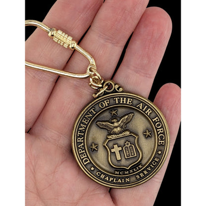 US Air Force Chaplain Service Keychain With Bronze Medallion & Gold Carabiner