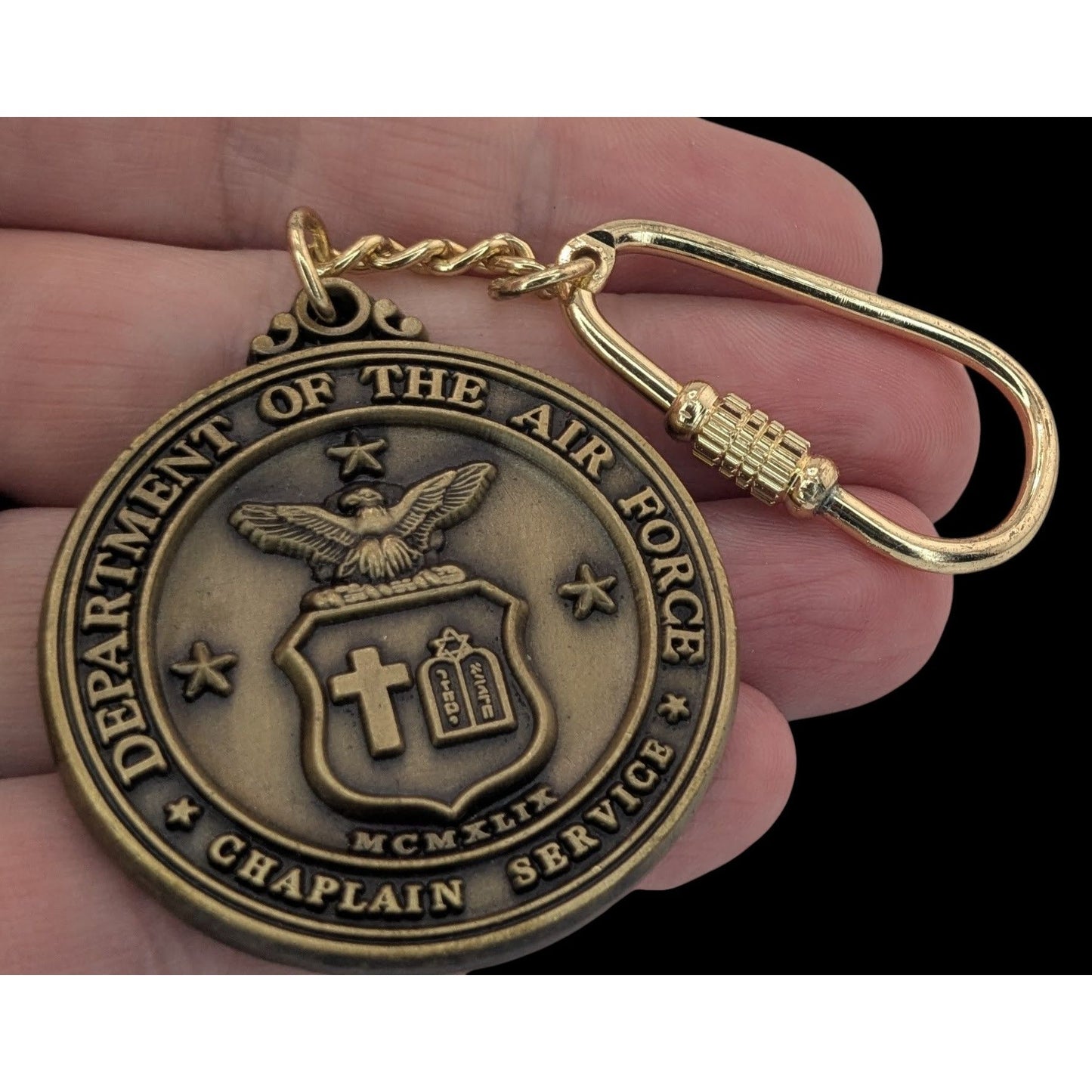US Air Force Chaplain Service Keychain With Bronze Medallion & Gold Carabiner