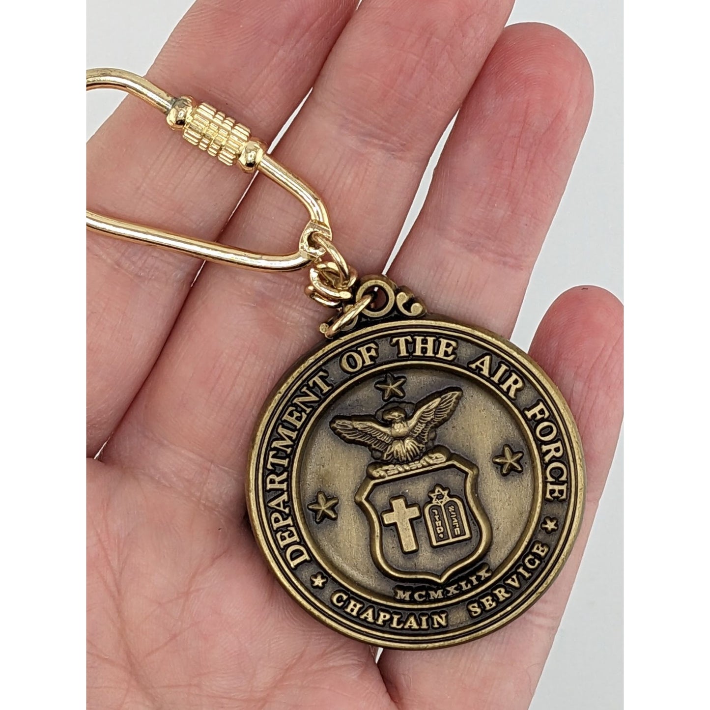 US Air Force Chaplain Service Keychain With Bronze Medallion & Gold Carabiner