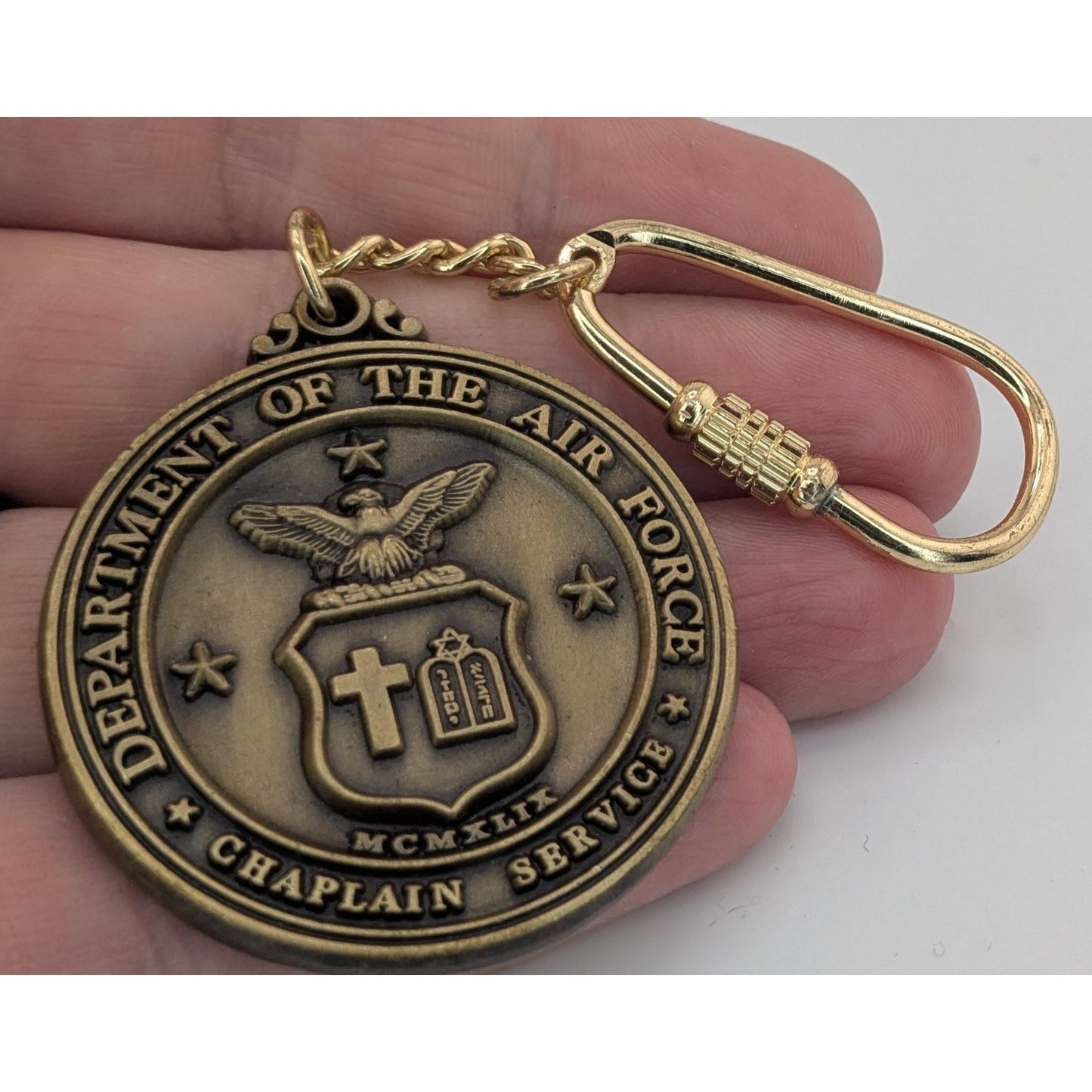 US Air Force Chaplain Service Keychain With Bronze Medallion & Gold Carabiner