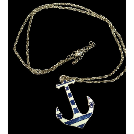 Nautical Enamel Blue And White Striped Anchor Necklace