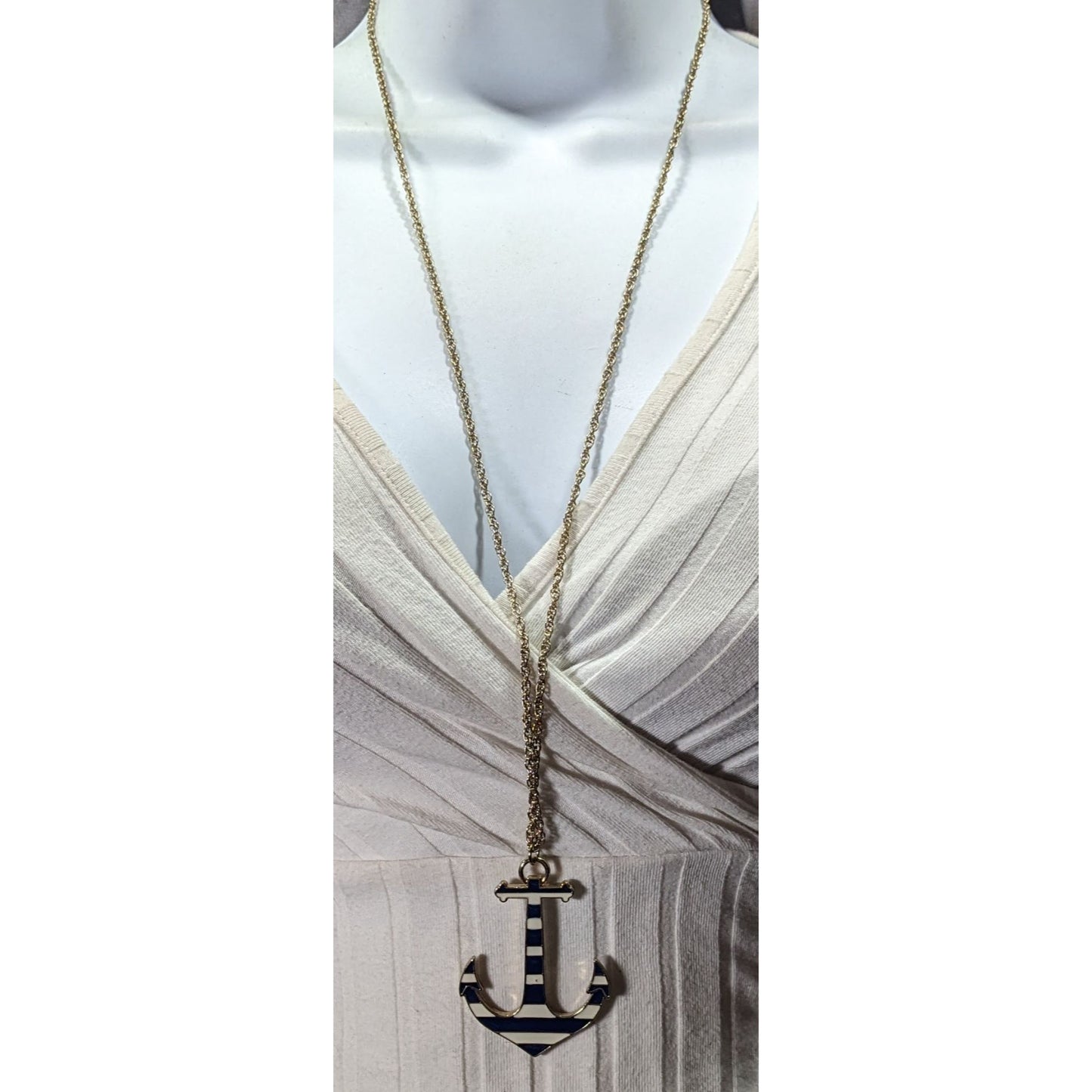 Nautical Enamel Blue And White Striped Anchor Necklace