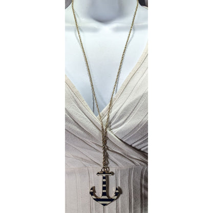 Nautical Enamel Blue And White Striped Anchor Necklace