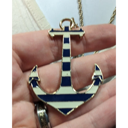 Nautical Enamel Blue And White Striped Anchor Necklace