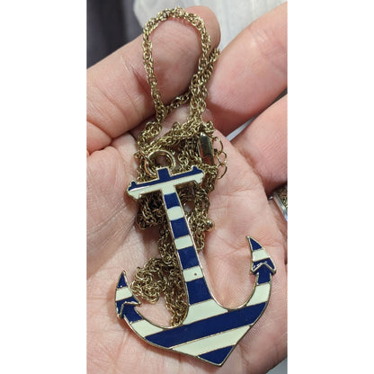 Nautical Enamel Blue And White Striped Anchor Necklace