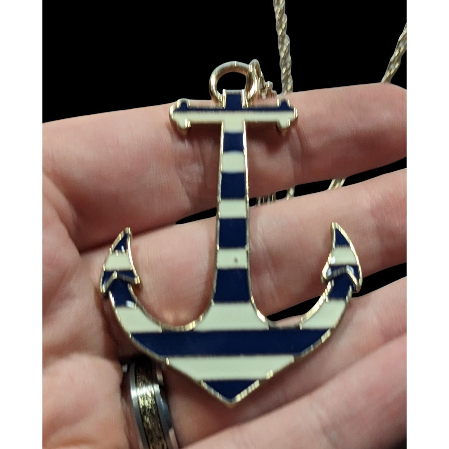 Nautical Enamel Blue And White Striped Anchor Necklace