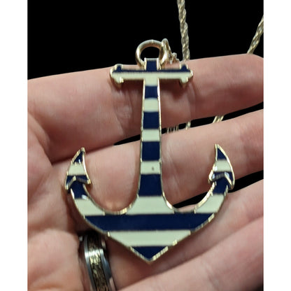 Nautical Enamel Blue And White Striped Anchor Necklace