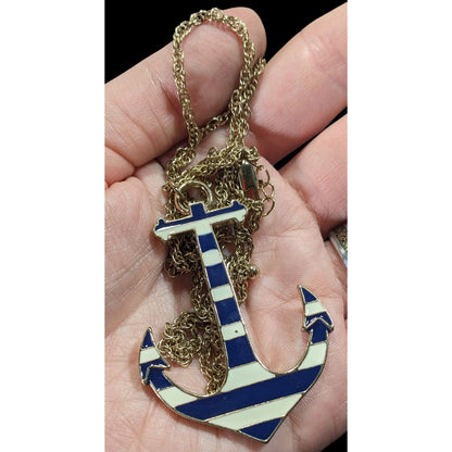 Nautical Enamel Blue And White Striped Anchor Necklace