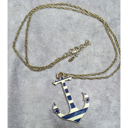 Nautical Enamel Blue And White Striped Anchor Necklace