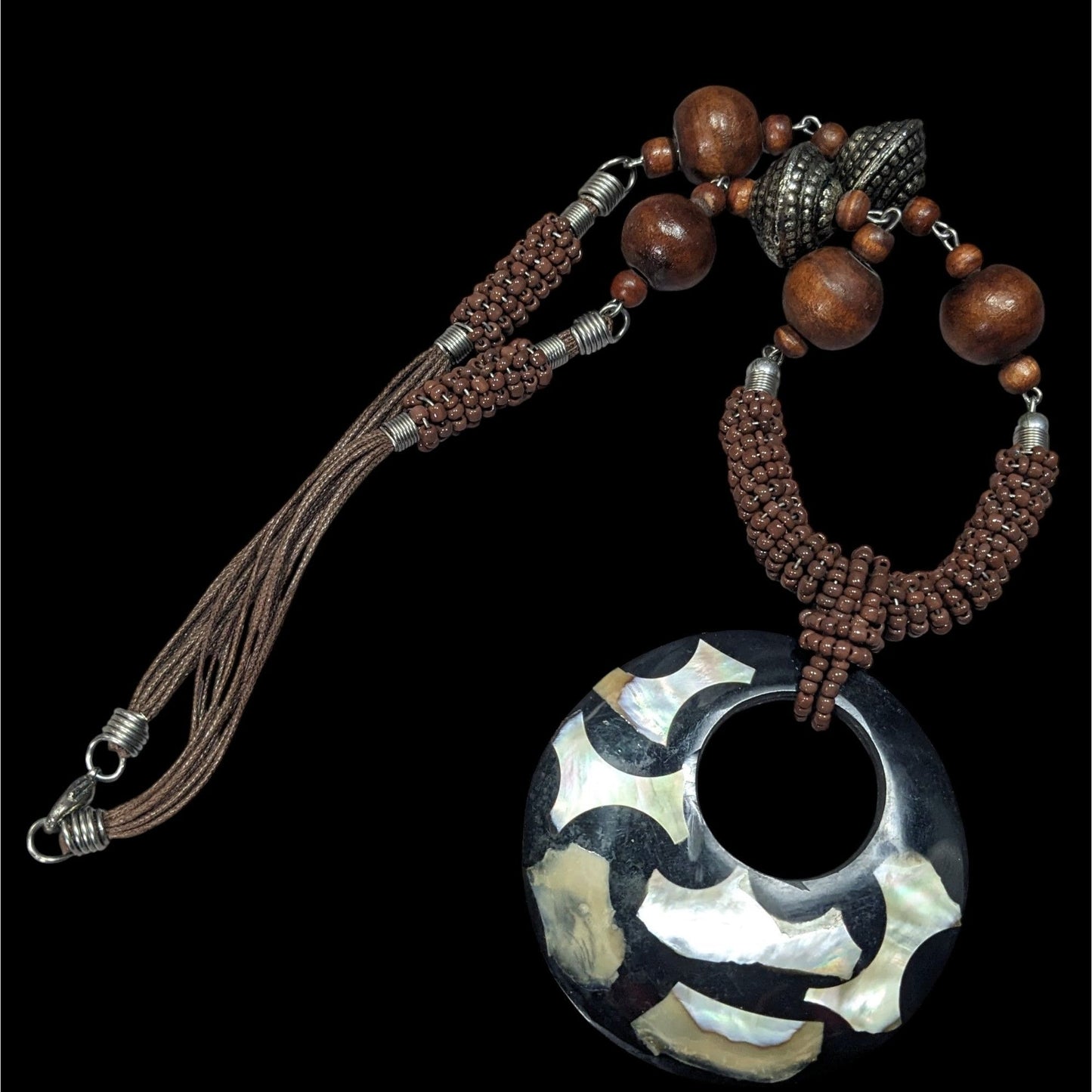 Vintage Bohemian Wood And Metal Necklace With Shell Inlay Pendant