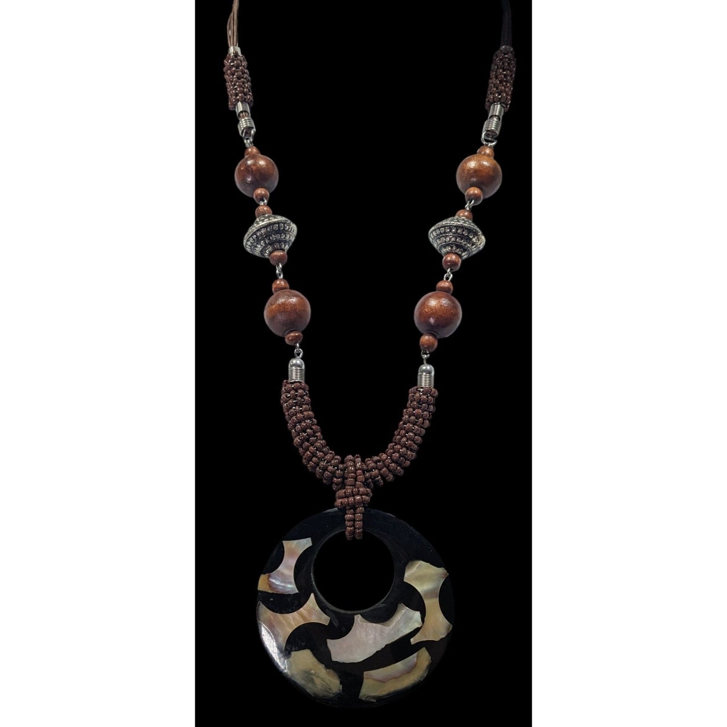 Vintage Bohemian Wood And Metal Necklace With Shell Inlay Pendant