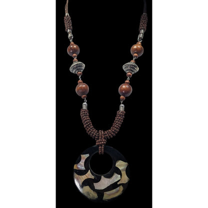 Vintage Bohemian Wood And Metal Necklace With Shell Inlay Pendant