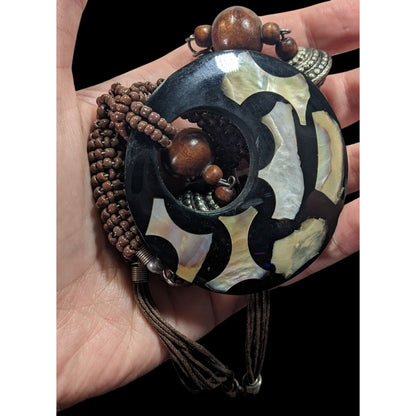 Vintage Bohemian Wood And Metal Necklace With Shell Inlay Pendant