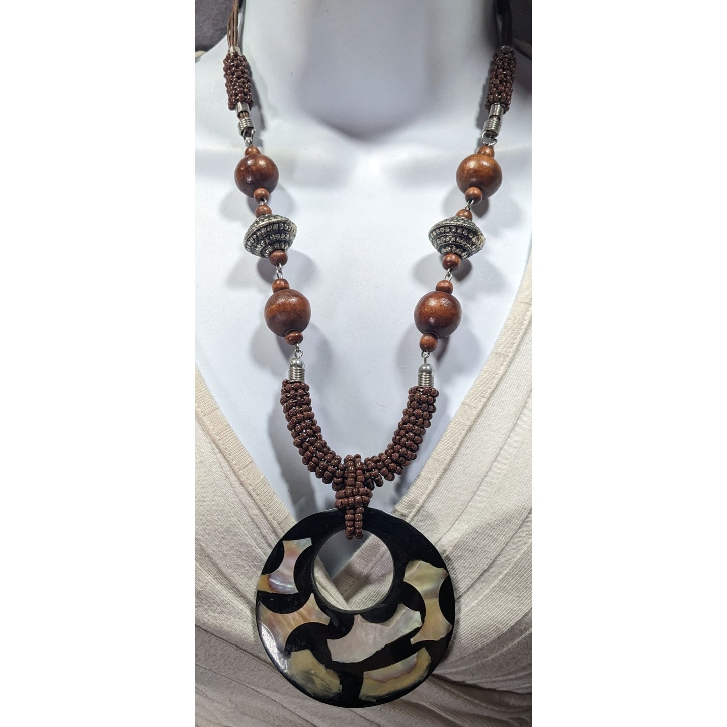 Vintage Bohemian Wood And Metal Necklace With Shell Inlay Pendant