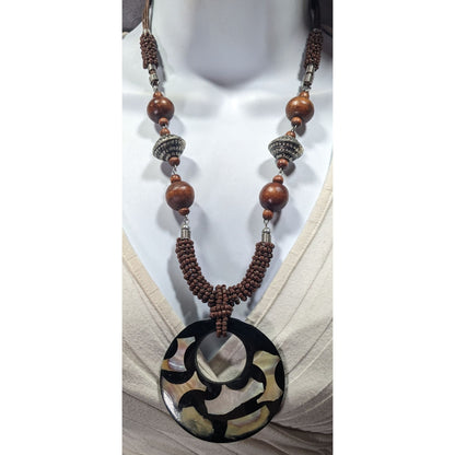 Vintage Bohemian Wood And Metal Necklace With Shell Inlay Pendant