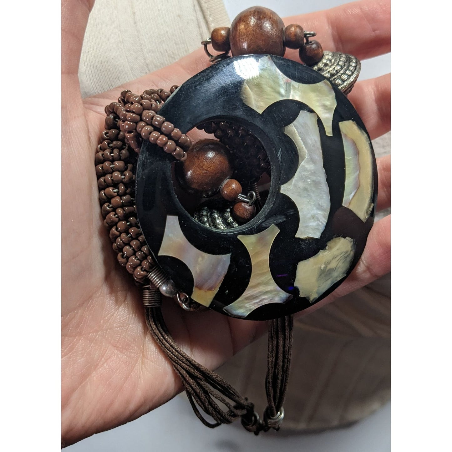 Vintage Bohemian Wood And Metal Necklace With Shell Inlay Pendant