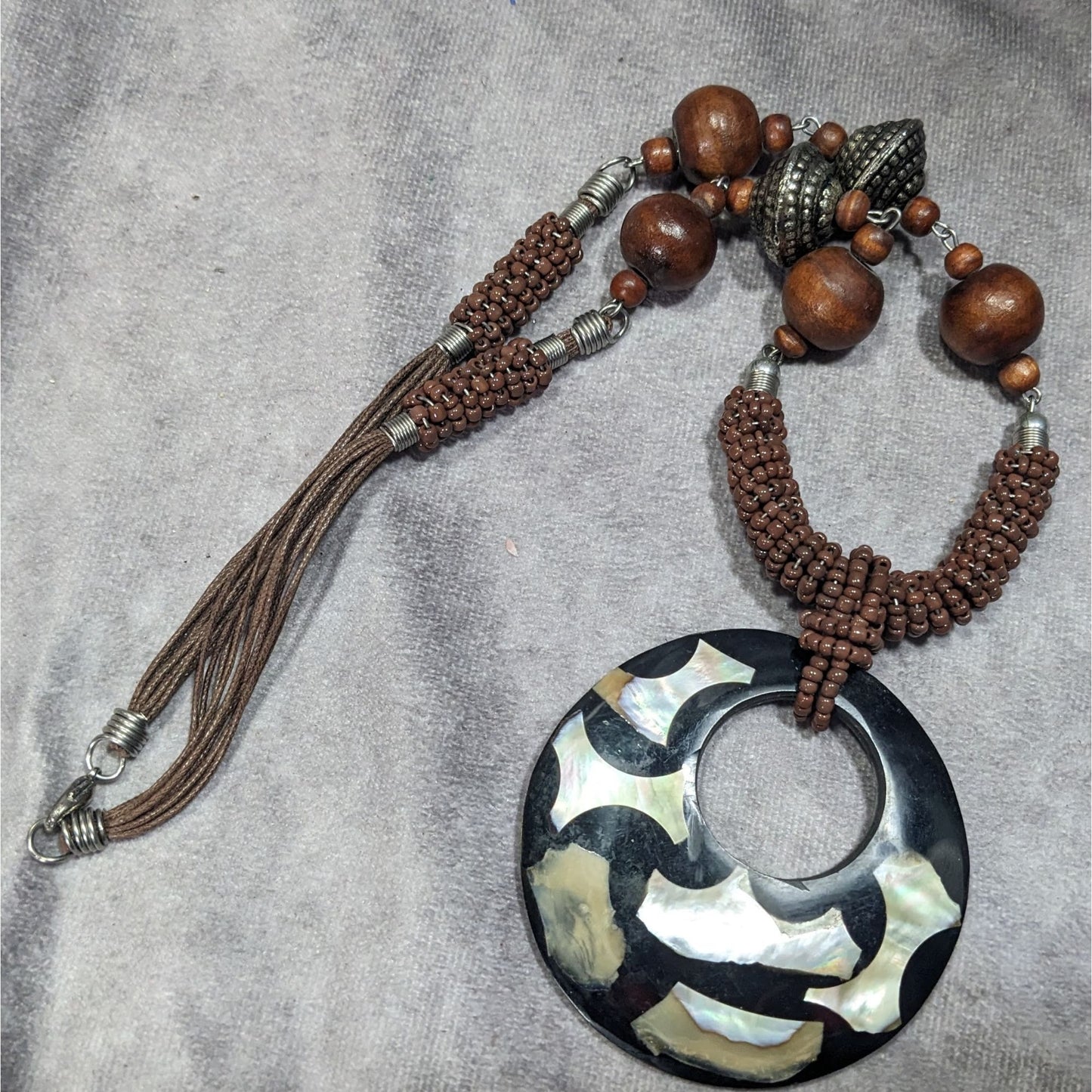 Vintage Bohemian Wood And Metal Necklace With Shell Inlay Pendant