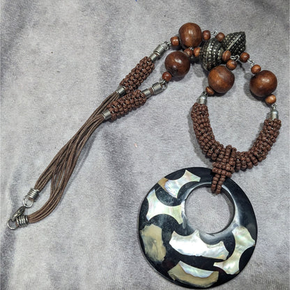 Vintage Bohemian Wood And Metal Necklace With Shell Inlay Pendant