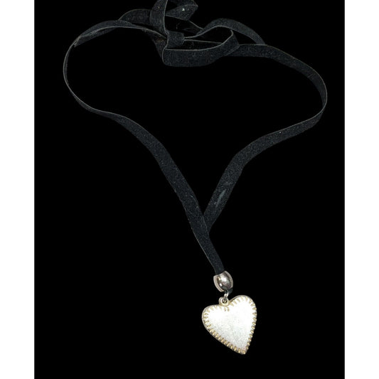Vintage 90s Whimsygoth Silver Tone Heart Necklace On Black Velvet Cord