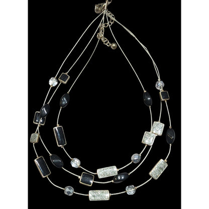 Y2K Layered Floating Glitter Necklace Black And Silver Tone