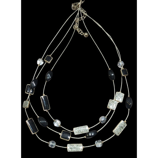 Y2K Layered Floating Glitter Necklace Black And Silver Tone