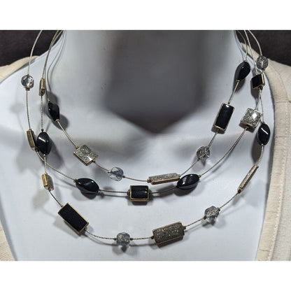 Y2K Layered Floating Glitter Necklace Black And Silver Tone