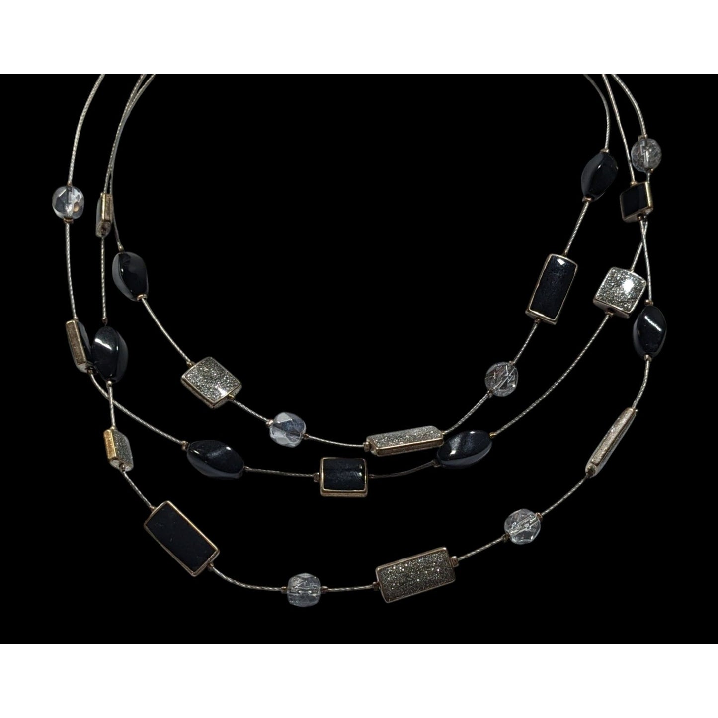 Y2K Layered Floating Glitter Necklace Black And Silver Tone