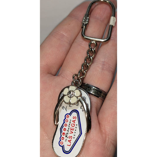 Welcome To Fabulous Las Vegas Flip-Flop Keychain With Flower Charm Silver & White