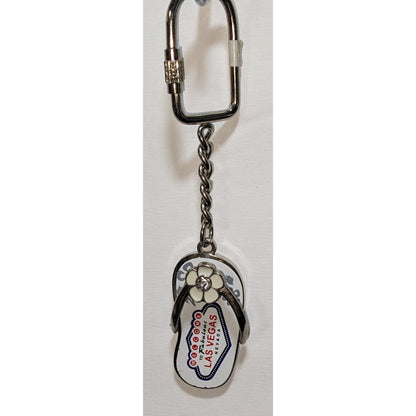 Welcome To Fabulous Las Vegas Flip-Flop Keychain With Flower Charm Silver & White