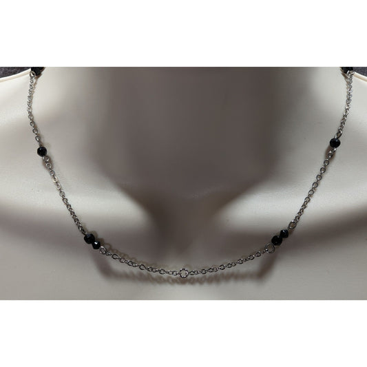 Dainty Silver Tone Necklace With Black Beads Pendant Compatible