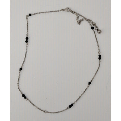 Dainty Silver Tone Necklace With Black Beads Pendant Compatible