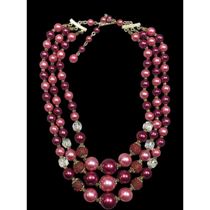 Vintage Japan Pink And Red Metallic Beaded Multilayer Necklace