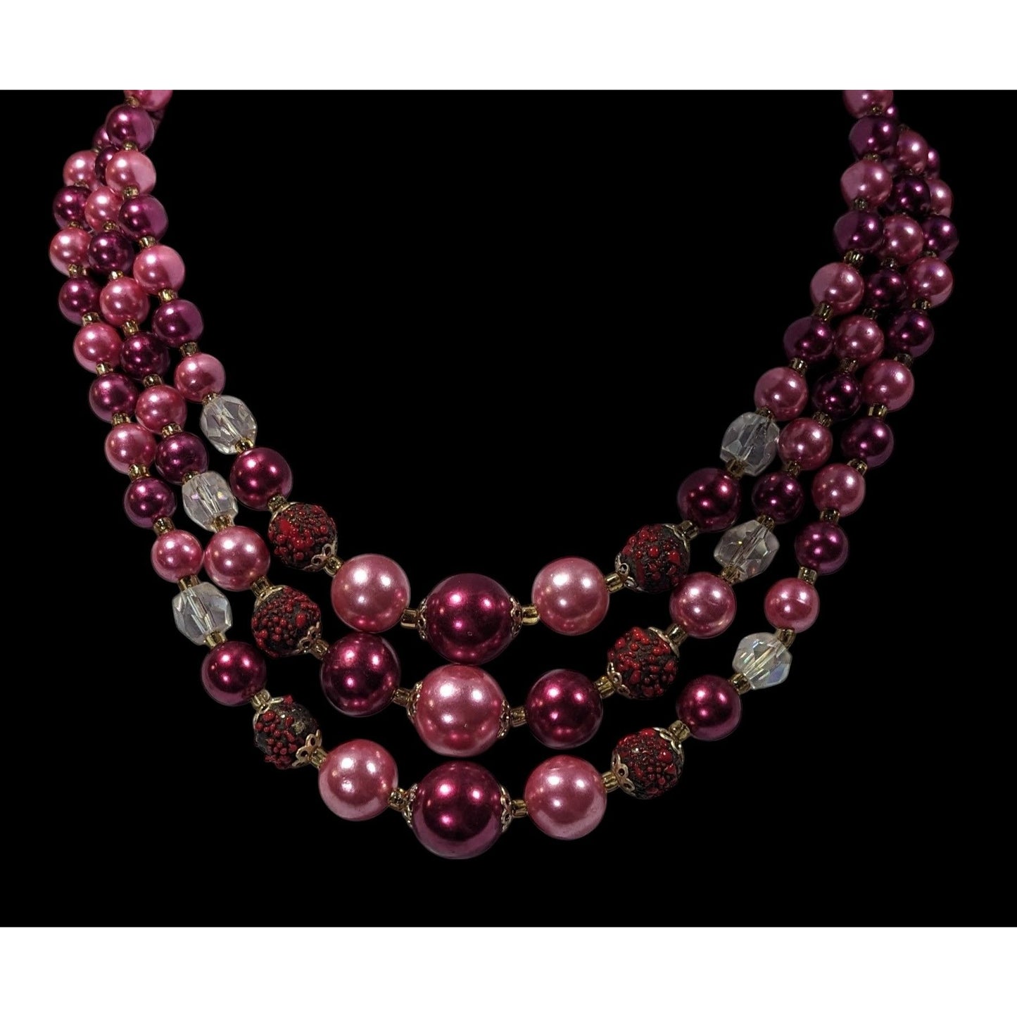 Vintage Japan Pink And Red Metallic Beaded Multilayer Necklace
