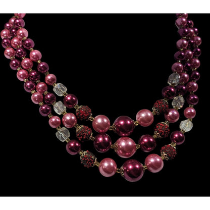 Vintage Japan Pink And Red Metallic Beaded Multilayer Necklace