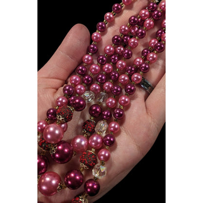 Vintage Japan Pink And Red Metallic Beaded Multilayer Necklace