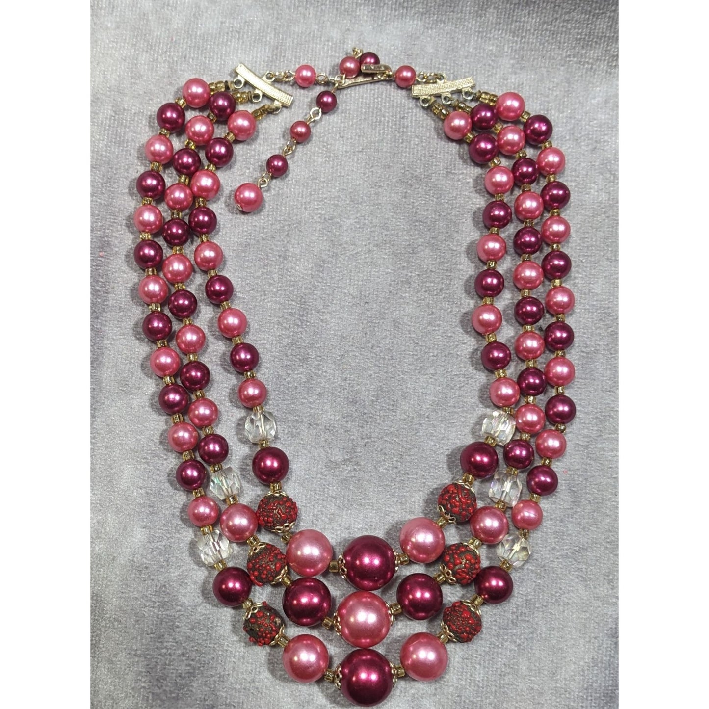 Vintage Japan Pink And Red Metallic Beaded Multilayer Necklace