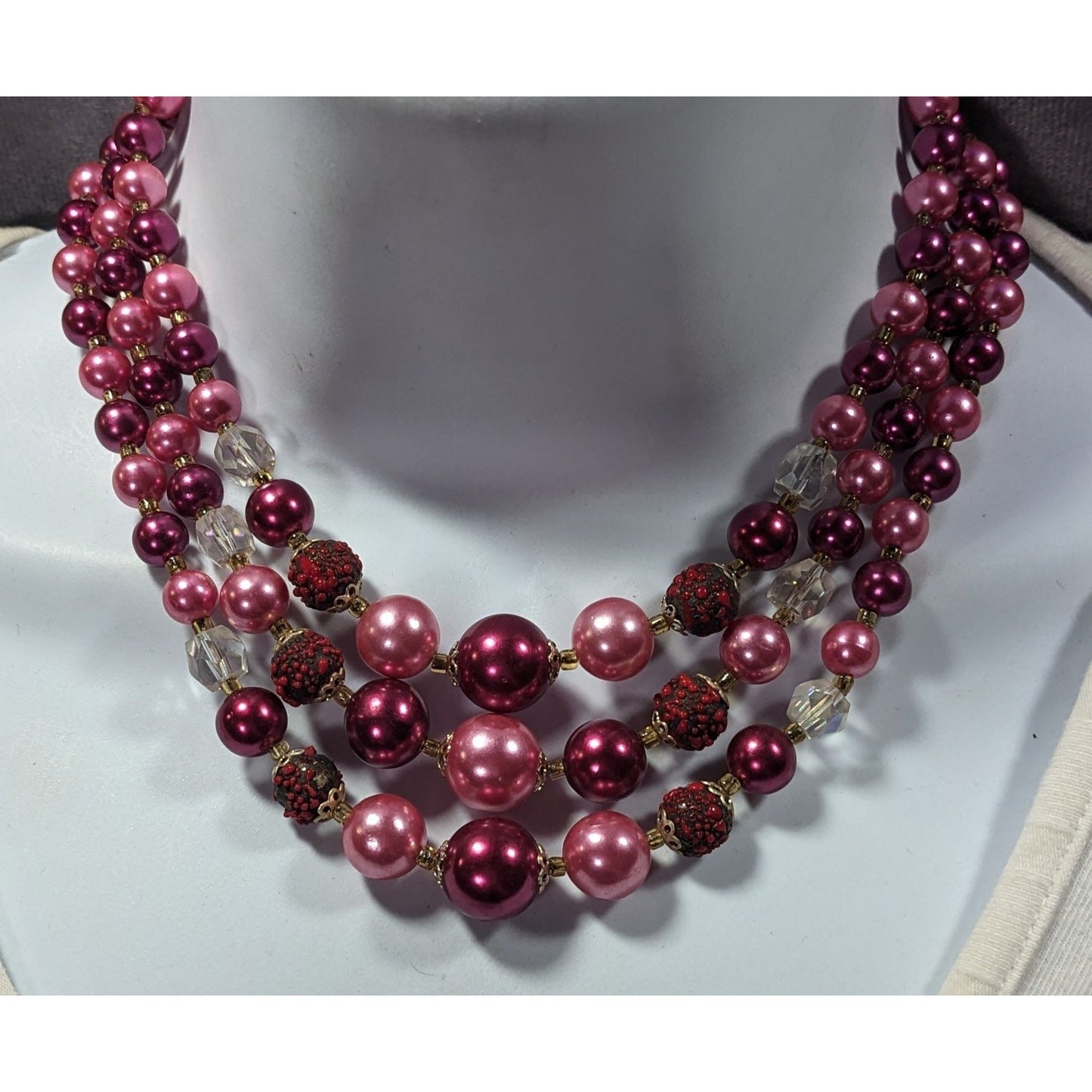 Vintage Japan Pink And Red Metallic Beaded Multilayer Necklace