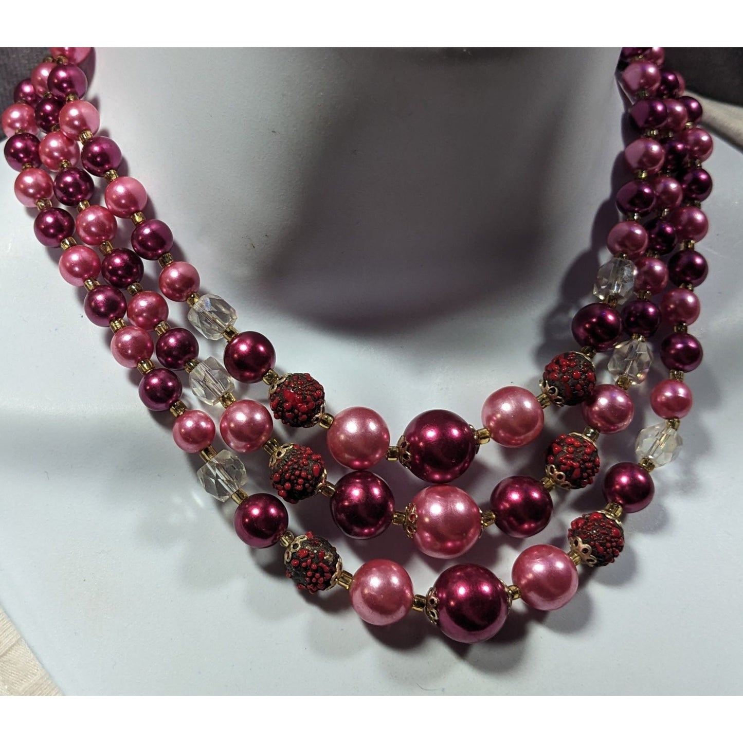 Vintage Japan Pink And Red Metallic Beaded Multilayer Necklace