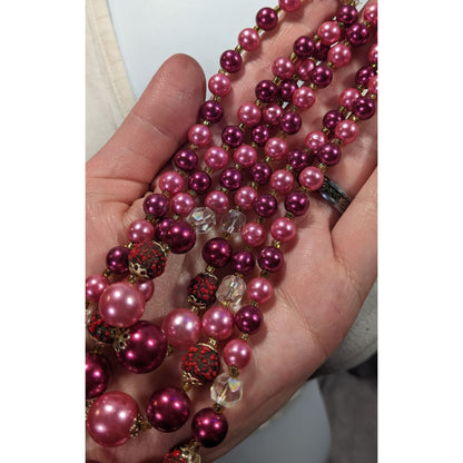 Vintage Japan Pink And Red Metallic Beaded Multilayer Necklace