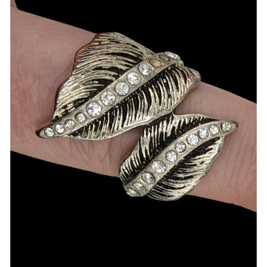 Fairycore Elvish Fantasy Antiqued Silver Tone Leaf Ring With Rhinestones Adjustable Band Size 8.5