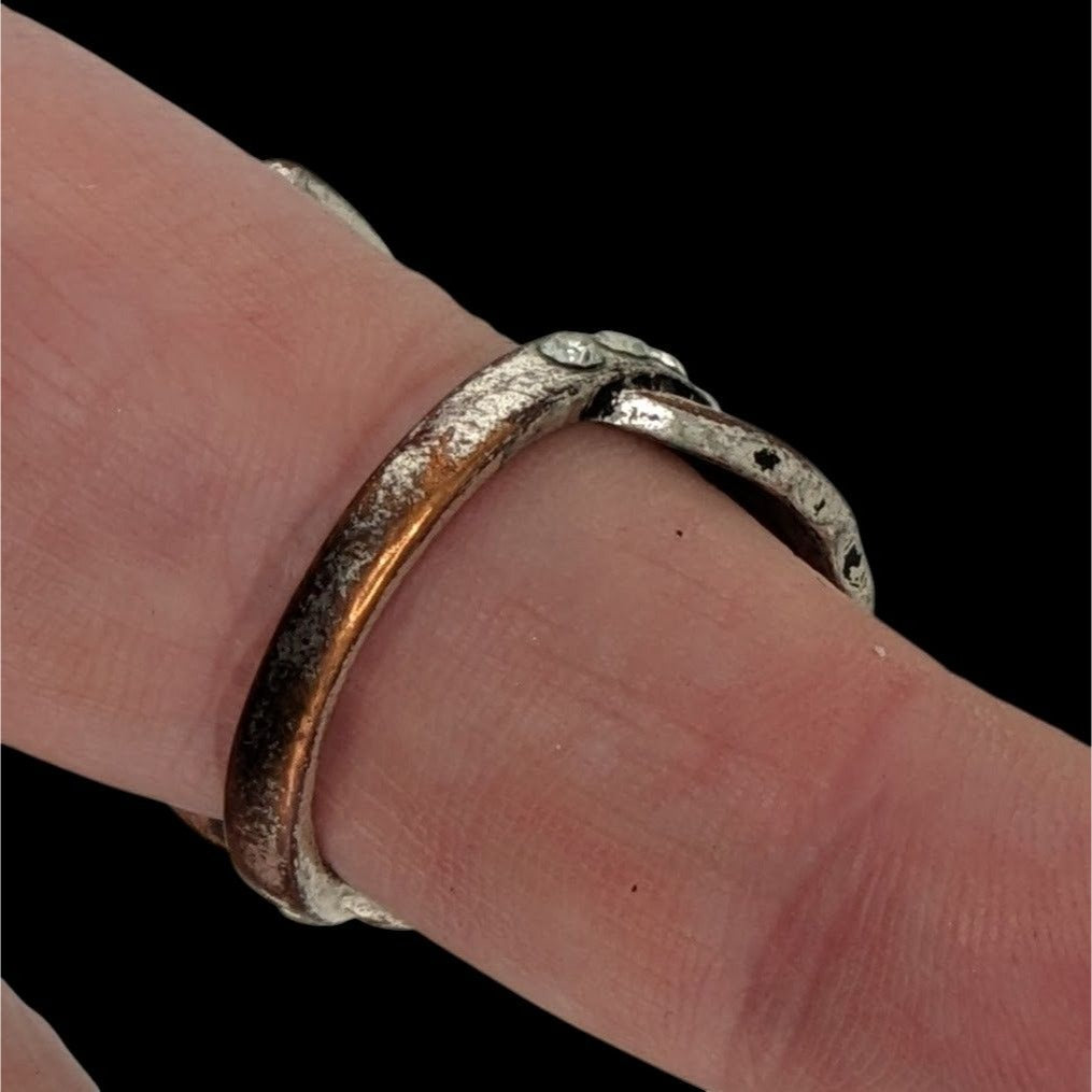 Fairycore Elvish Fantasy Antiqued Silver Tone Leaf Ring With Rhinestones Adjustable Band Size 8.5