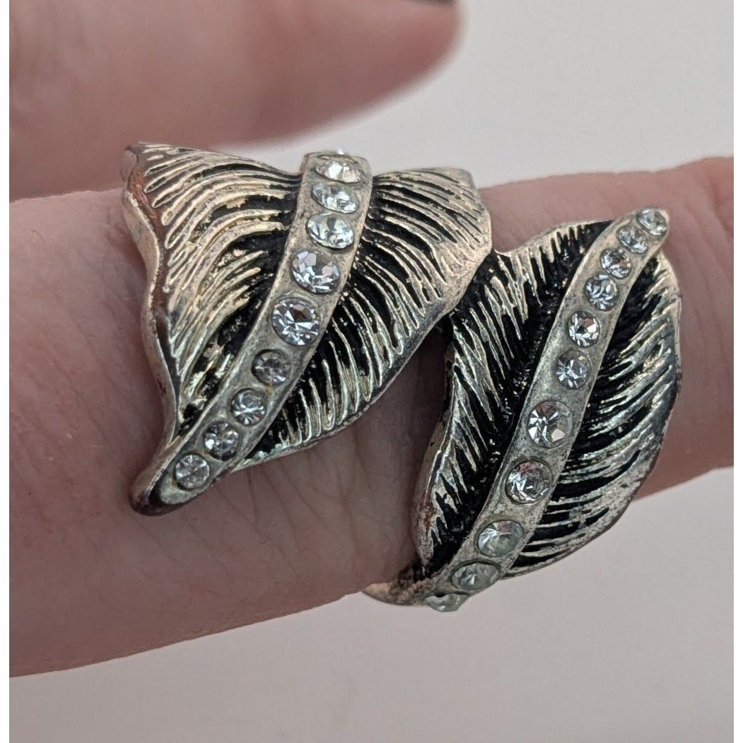 Fairycore Elvish Fantasy Antiqued Silver Tone Leaf Ring With Rhinestones Adjustable Band Size 8.5
