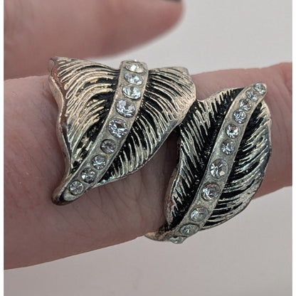 Fairycore Elvish Fantasy Antiqued Silver Tone Leaf Ring With Rhinestones Adjustable Band Size 8.5
