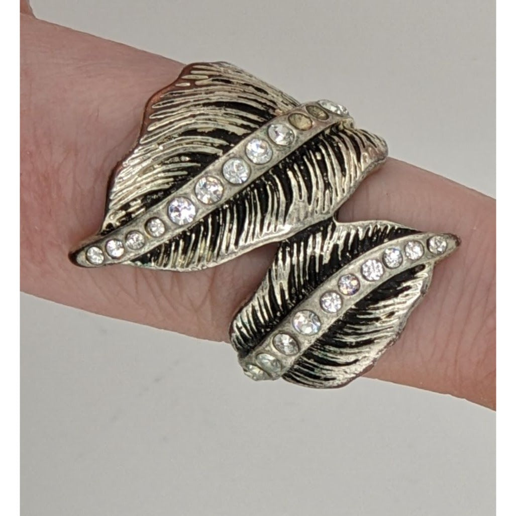 Fairycore Elvish Fantasy Antiqued Silver Tone Leaf Ring With Rhinestones Adjustable Band Size 8.5
