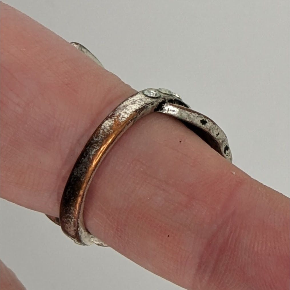 Fairycore Elvish Fantasy Antiqued Silver Tone Leaf Ring With Rhinestones Adjustable Band Size 8.5