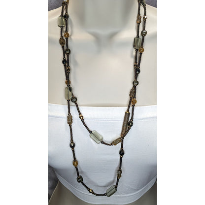Handcrafted Long Earth Tone Beaded Station Necklace Boho Layering Glass Bead Necklace