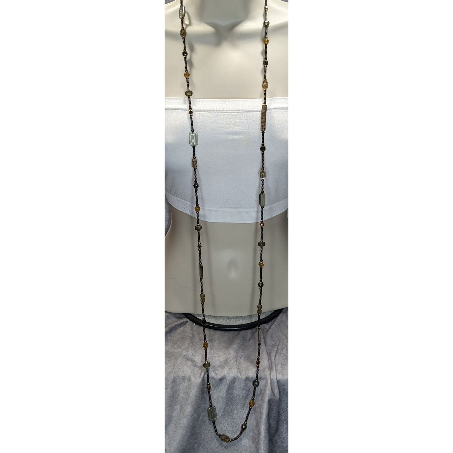 Handcrafted Long Earth Tone Beaded Station Necklace Boho Layering Glass Bead Necklace