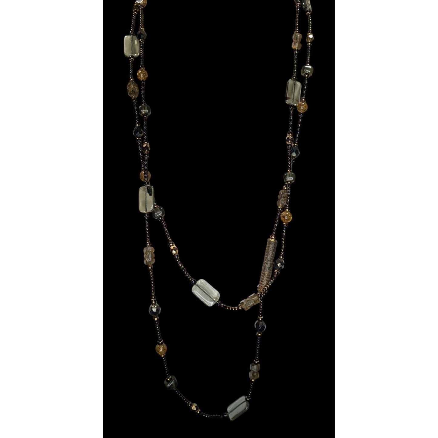 Handcrafted Long Earth Tone Beaded Station Necklace Boho Layering Glass Bead Necklace