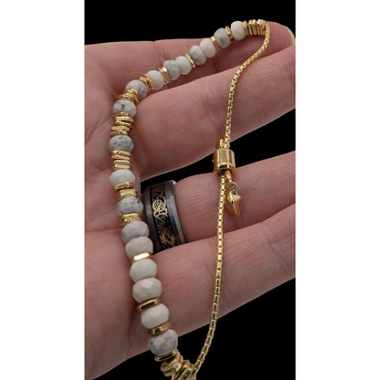 Boho Minimalist Retired Stella & Dot White Howlite Slider Bracelet Gold Tone