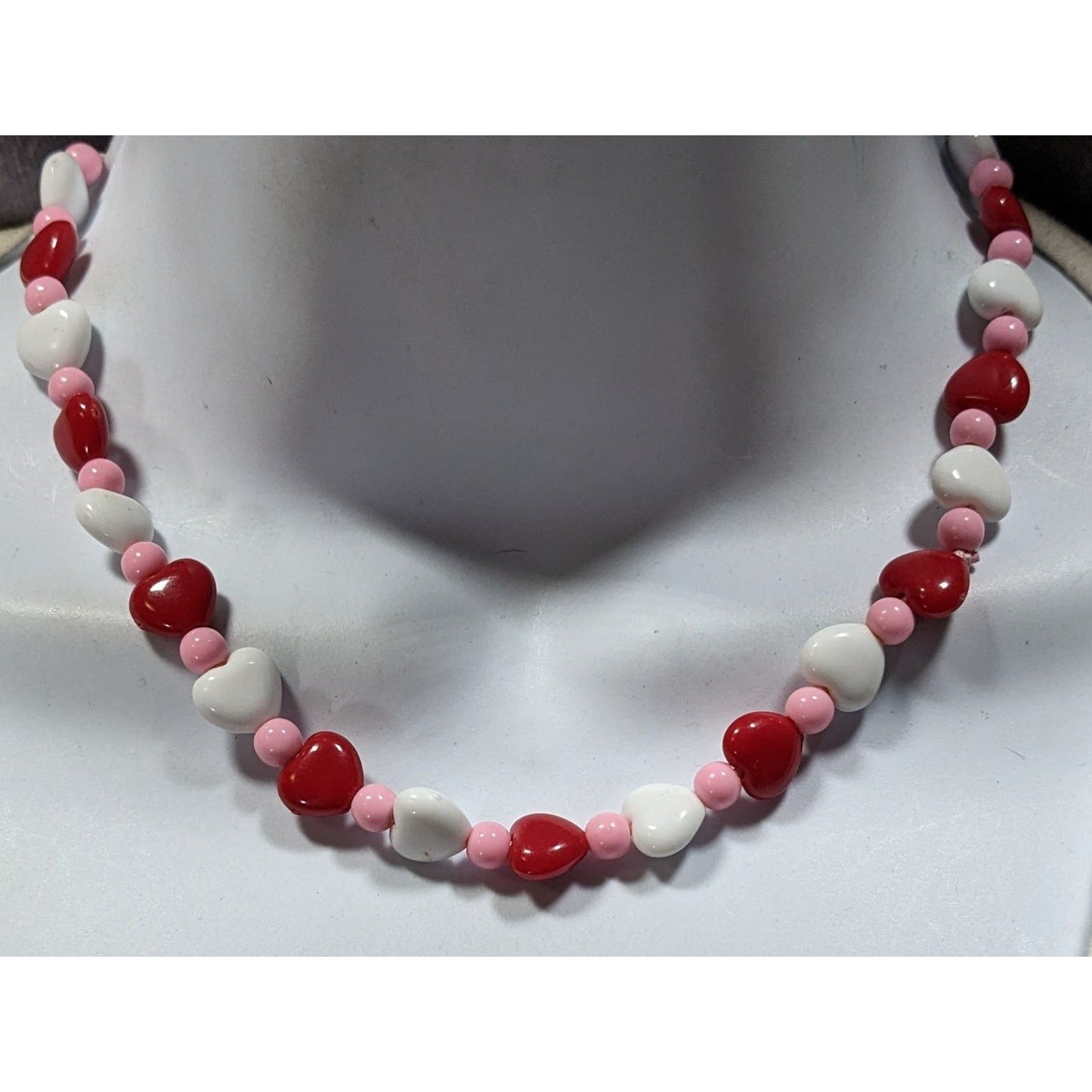Red White & Pink Heart Beaded Necklace Valentines Day Inspired